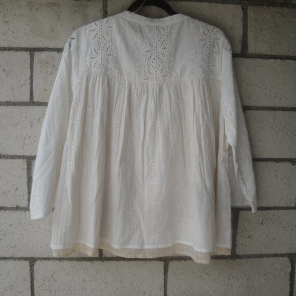 NEW Shabby Chic Women's Size XL Cotton Peasant Blouse Cream Eyelet Long Sleeve - Picture 7 of 7